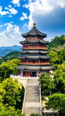 Fototapeta premium Multi-storied pagoda, vibrant red and dark accents, nestled amidst lush green hills