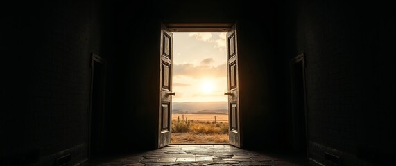 Open door leading to a bright future at sunset in the countryside