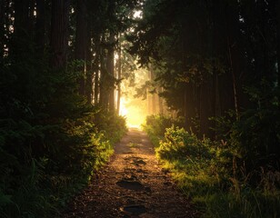 Naklejka premium Sunlight streams through a dense forest, illuminating a pathway, creating a serene and mysterious ambiance.
