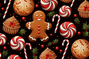 Seamless pattern with gingerbread cookies and candies