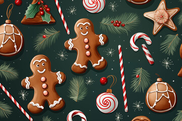 Seamless pattern with gingerbread cookies and candies