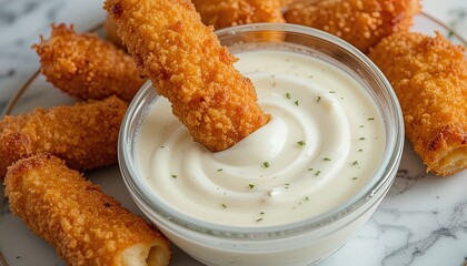 Crispy fried cheese sticks are dipped in a creamy white sauce, close-up.