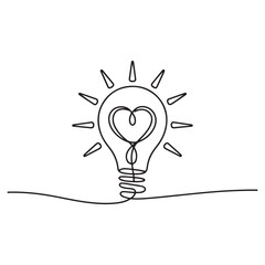 One continuous line Art drawing of shining lightbulb with power love icon logo emblem. Creative attraction symbol logotype template concept. with white background