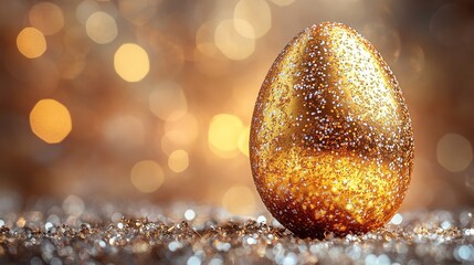 a golden easter egg stands on the table, surrounded by glitter and sparkles. the background is a soft pastel color with scattered light rays creating an atmosphere of magic and celebration. high-resol