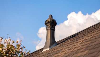 Ornate roof vent against a cloudy sky
