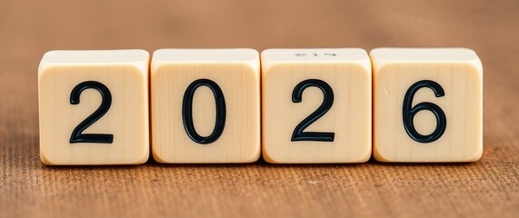 Wooden number blocks showing the year 2026 on a table