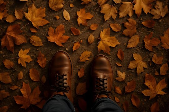 Top-down view of brown leather boots standing on a path covered with fallen autumn leaves. Captures the essence of fall, perfect for seasonal projects or outdoor themes.
