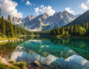 A serene alpine lake, nestled amidst towering peaks, reflects a stunning sky and surrounding forest in a perfectly mirrored image.