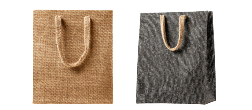 Two simple paper shopping bags, one tan, one gray, with natural rope handles