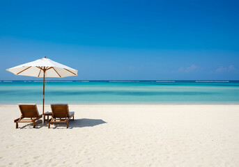 Resort Beach Setup &mdash; Sunshade and Deck Chairs on Clean Sandy Coastline