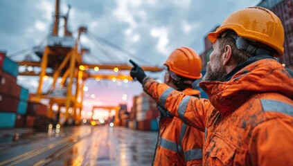 Two workers in orange protective gear at a shipping port point towards activity