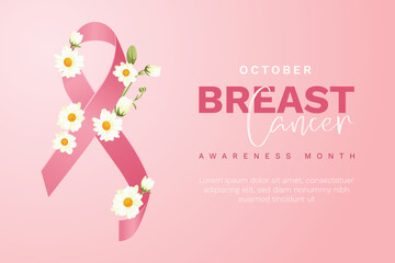 Breast cancer awareness month banner with pink ribbon element and flowers, fight against breast cancer concept, vector illustration 