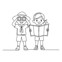 Continuous one line Art drawing scout boy and girl with binoculars and map. Children scout adventure camping concept. with white background