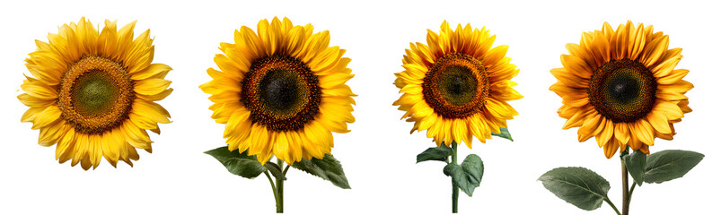 Set of realistic sunflowers isolated on white background, cut out, transparent PNG for floral and botanical design