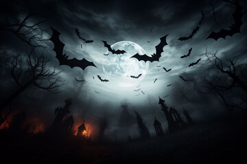 Spooky full moon with bats flying over the back for Halloween
