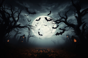 Spooky full moon with bats flying over the back for Halloween