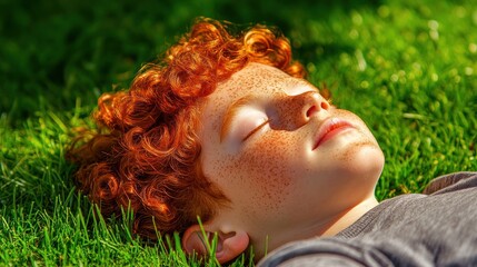 Naklejka premium Boy relaxing on grass