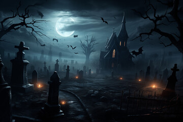 A spooky graveyard scene with bats, a full moon and graves.