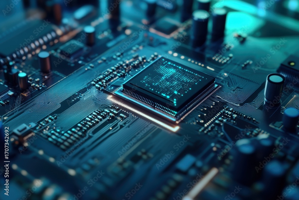 Poster detailed view of a microprocessor on a circuit board with blue lighting