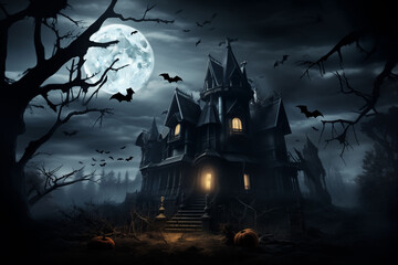 Scary haunted house under a full moon, creepy flying bats