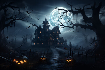 Scary haunted house under a full moon, creepy flying bats