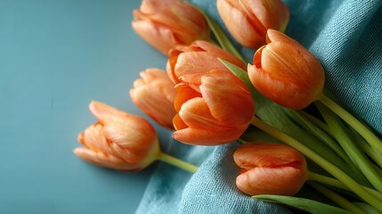 Close-up of Peach Pink Tulip Bouquet on Soft Blue Background
