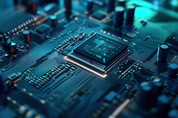 Fototapeta premium Detailed view of a microprocessor on a circuit board with blue lighting