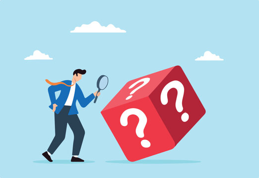 Businessman examines dice with question mark using magnifying glass, illustrating random chance, gambling, risk management, and analyzing opportunities. Concept of predicting unknown and uncertainty 