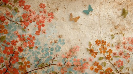 Vintage Floral Wall Art with Colorful Blossoms and Butterflies
