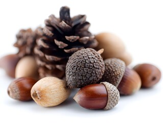 Close-up of assorted forest elements, including acorns, pinecones, and seeds on a white background. The earthy composition evokes a touch of autumn and nature's bounty.
