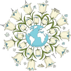 Earth Day White Bellflowers Encircling the Globe Eco Friendly Concept