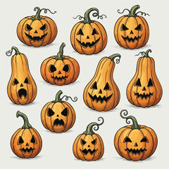 Spooky Halloween Pumpkins Jack o lantern Illustration Set for Fall