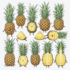 Cute Pineapple Characters Collection Cartoon Pineapples with Faces Slices and Whole Fruits Illustration Clipart