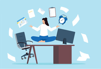 Businesswoman meditates at her office desk with work stuff and papers flying, illustrating employee wellbeing and comfortable workspace. Concept of relaxation, and balance in workplace
