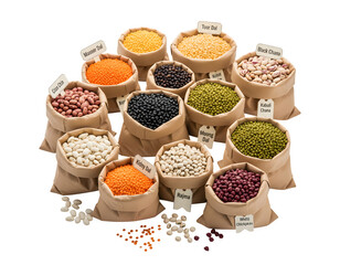A mix of Indian legumes packed in paper sacks, sitting on a white background
