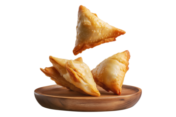 Crispy golden brown samosas with bubbled texture filled with meat or vegetables on wooden plate, isolated on white transparent background, representing Indian cuisine snack