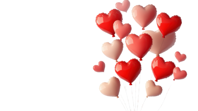 Valentine's day background with red and pink hearts like balloons on white background