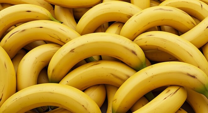 Close up pile of ripe yellow bananas with brown spots fruit food