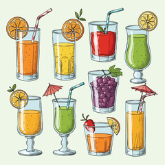 Assortment of Fresh Juices Delicious Summer Drinks in Glasses Vector Illustration