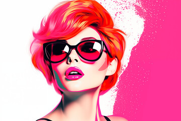 Colorful pop art portrait of a young woman with neon pink accents.
