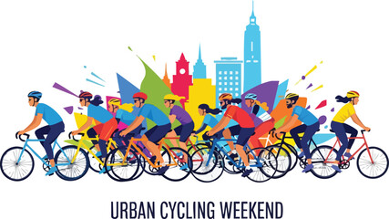 Urban Cycling Weekend Diverse Group Bike Ride in City Skyline