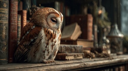 Pensive owl perched amidst aged books, illuminated by soft light reflections