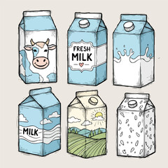 Hand drawn Milk Carton Collection Fresh Milk Packaging Designs