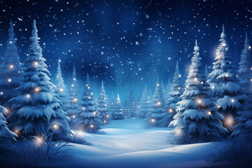 Snowy winter landscape with twinkling pine trees
