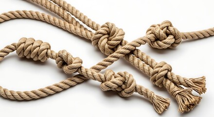 Close up of various knots tied in natural fiber rope on a white background.
