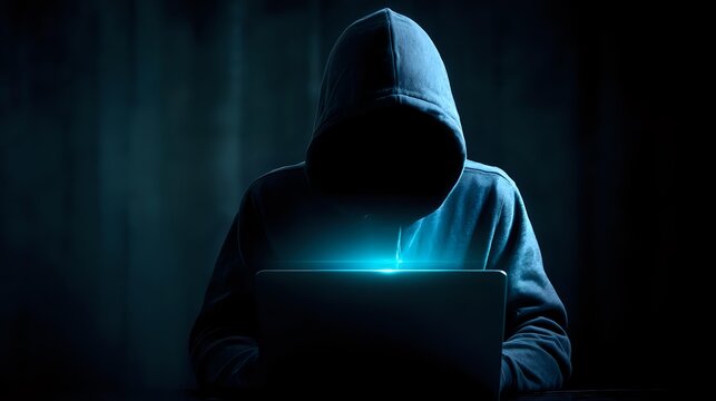 Anonymous hacker wearing a hoodie, face hidden in shadows, working on a laptop with neon blue glow illuminating the scene against a dark background