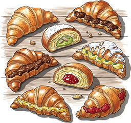 Delicious Croissant Assortment Gourmet Pastries Bakery Food Photography