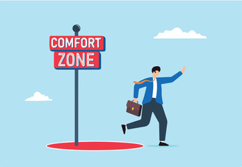 Businessman steps out of comfort zone circle, illustrating initiative to get out of safe zone. Concept of courage, determination, explore new opportunities, and overcome limitations