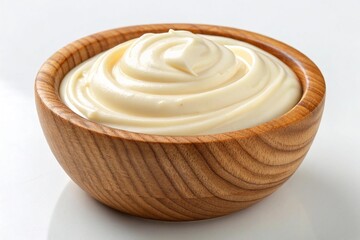 Creamy mayonnaise in a wooden bowl isolated on white background