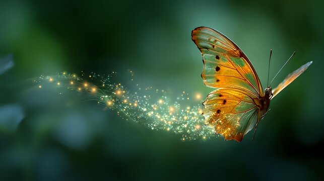 Happy butterfly with trail of glowing sparkles dancing mid-air on soft gradient green background, detailed wings and motion blur